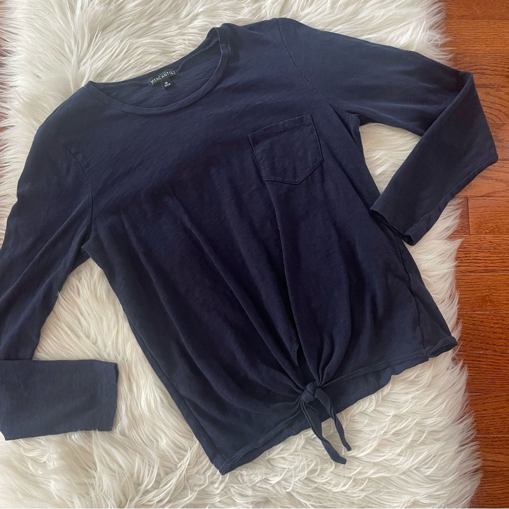J. Crew Mercantile Womens Size M Tee Shirt Tie Front Pocket Tee Blue Cotton
